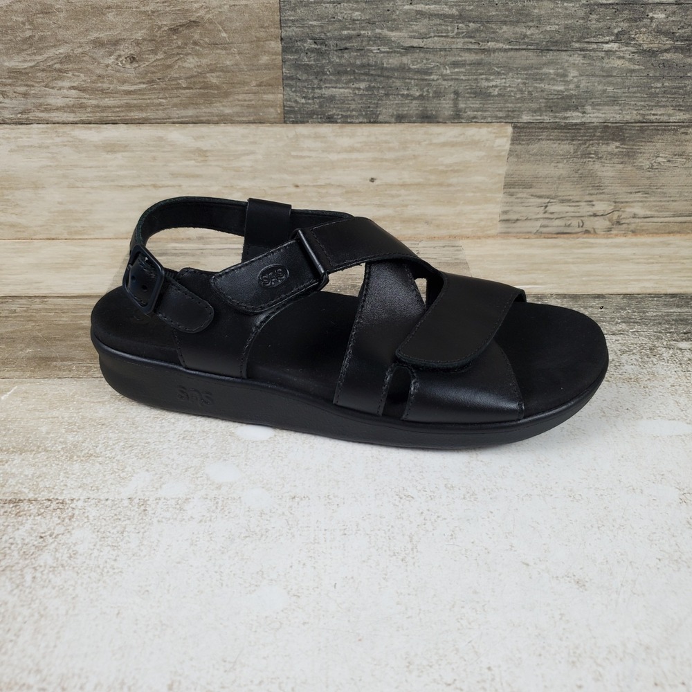 SAS Huggy Womens Strappy Sandals Sz 8 N Black Leather Crisscrossing Straps